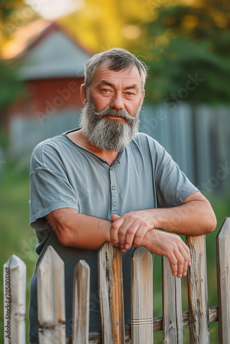 portrait handsome middle aged senior man at garden. grey hair. beard, working man, blue collar in his house or vacation