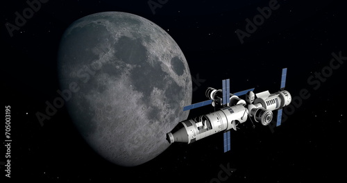 Spaceship arriving at Moon, space mission to the Earth satellite