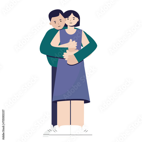 A girl and a boy stand hugging each other. They are not happy. The couple has a loving codependent relationship. Cartoon flat illustration isolated on white background.