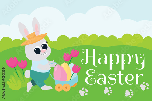 Greeting Easter card. Little cute  bunny is carrying colored eggs in a cart. Great illustration in cartoon style for holidays.
