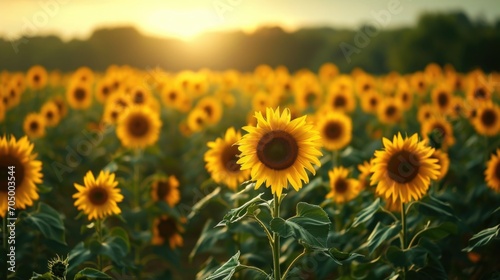 A field of sunflowers with the sun setting in the background. #705003544