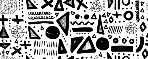 Seamless abstract geometric doodle pattern fashion 80-90s. Wavy and curly lines, dry brush stroke textured shapes. Zig zag, swirls and dots.  For used in printing, website background and fabric design