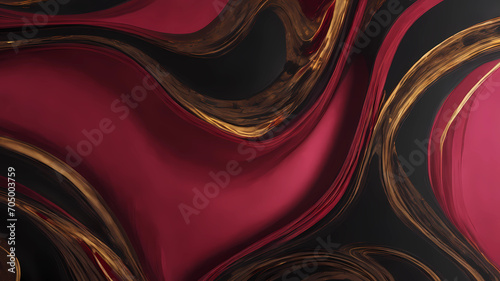 A painting with red, golds and black swirls, in the style of dark scarlet and light gold, minimalist backgrounds, use of precious materials, meticulous design, dark sanguine and pink, velvet - red and
