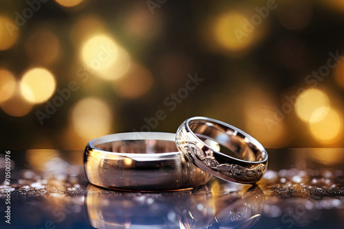 Wedding rings on bokeh. Symbol of commitment, unity. Ideal for love-themed projects, encapsulating the essence of devotion.