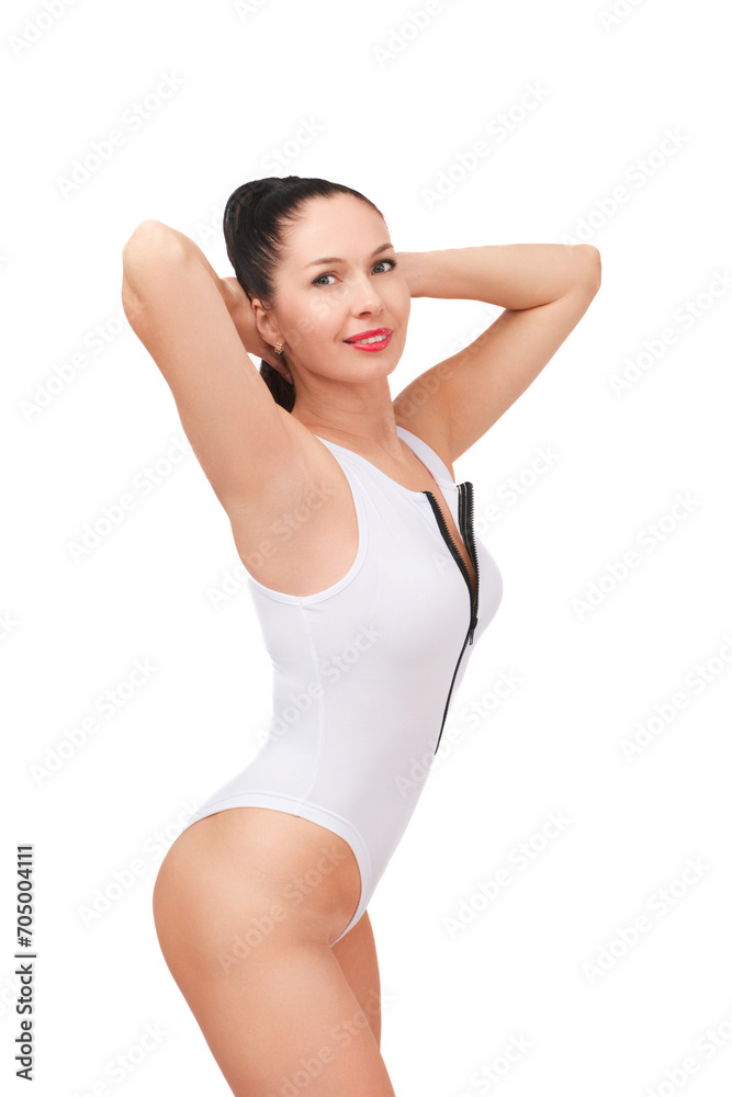 Slender girl in a white bodysuit isolated on a white background. Studio portrait. Slender girl in a white bodysuit isolated on a white background. Studio portrait.