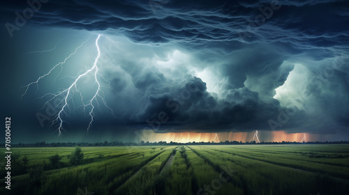 Landscape of a field with thunderclouds and lightning