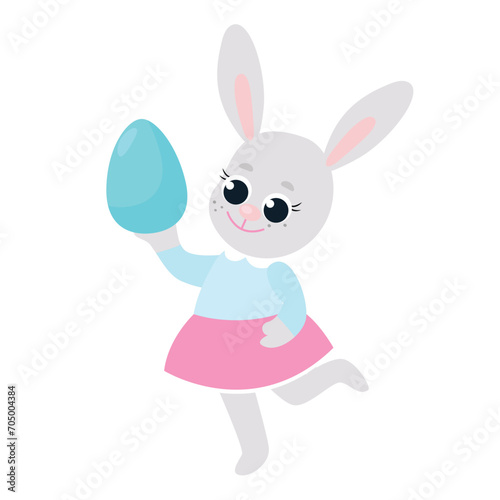 The Easter bunny is dressed and runs and holds a decorative egg in its paws. Festive illustration of happy character in cartoon style isolated on white background.