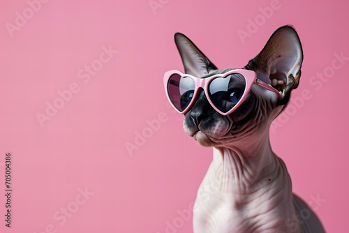 Valentines Day card with sphynx cat in heart shaped sun glasses on a pastel pink background, close up photo