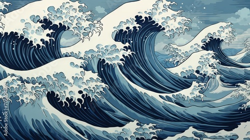 Japanese Illustration of Great Ocean Waves as Wallpaper AI Generated