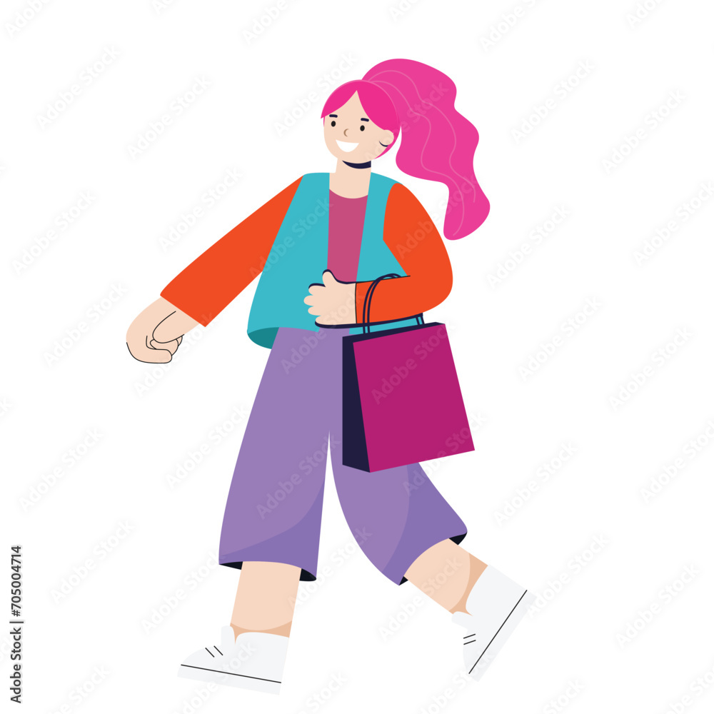 A girl in modern youth bright clothes with a shopping bag in her hands walks cheerfully. Mtsltyash flat illustration isolated on white background. A girl in modern youth bright clothes with a shopping bag in her hands walks cheerfully. Mtsltyash flat illustration isolated on white background.