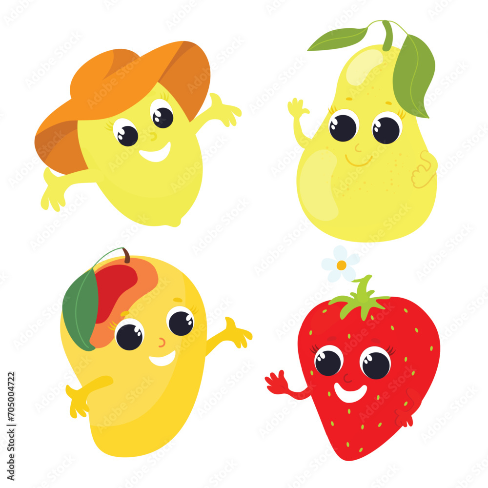 Set of tropical fruits and berries pear, strawberry, mango, lemon in cartoon style isolated on white background. Fruits have faces and handles. Character design for children's design.
