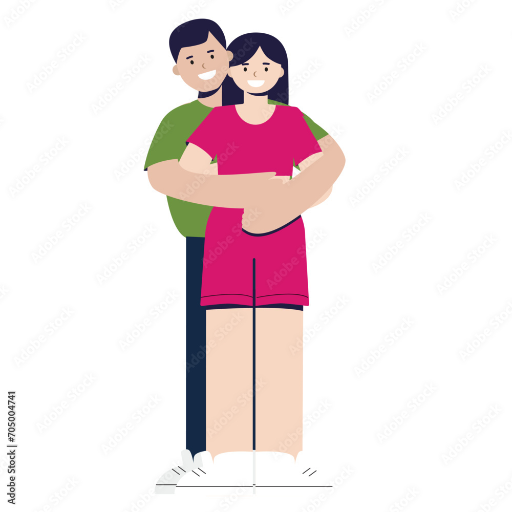Fototapeta premium A girl and a guy in modern youth bright are standing hugging. The couple is in a friendly or romantic relationship. Cartoon flat illustration isolated on white background.