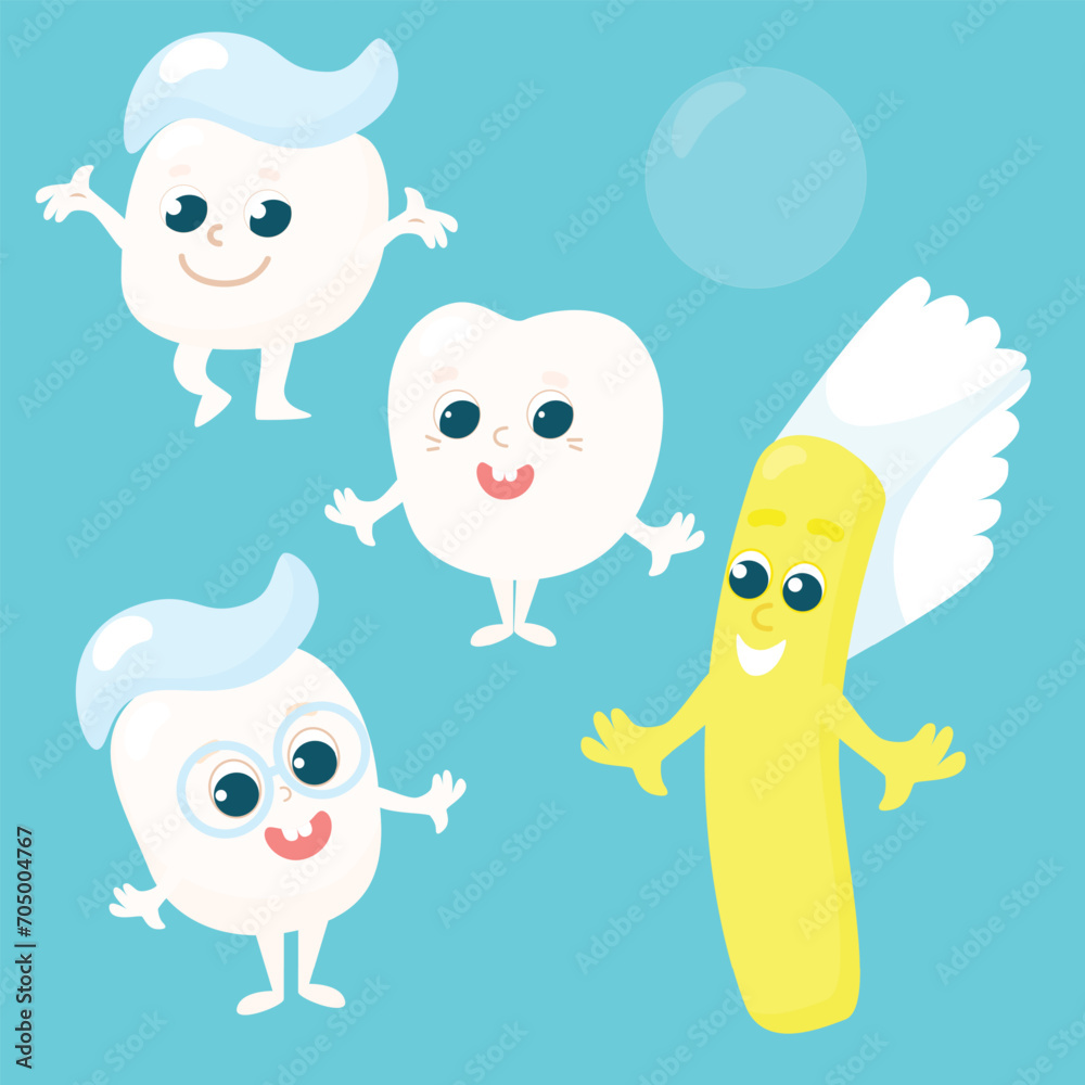 Obraz premium Set of stickers teeth and toothbrush. The characters are healthy and smile happily. Cartoon illustration for children.