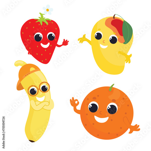 Set of tropical fruits and berries banana, strawberry, mango, orange in cartoon style isolated on white background. Fruits have faces and handles. Character design for children's design.