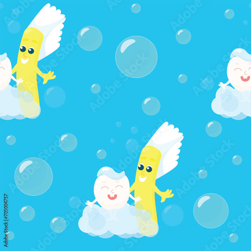 Oral hygiene seamless pattern in cartoon style. Happy tooth and toothbrush in soap bubbles smiling happily.
