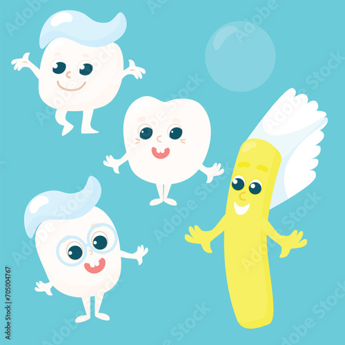 Set of stickers teeth and toothbrush. The characters are healthy and smile happily. Cartoon illustration for children.
