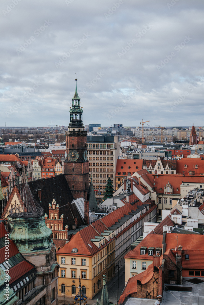 view from above of the old buildings of Wroclaw Square in cloudy weather