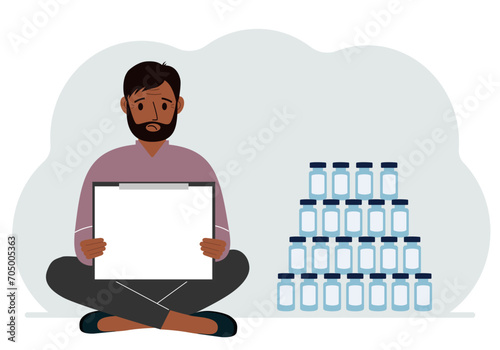 A man holds a clipboard with a blank sheet of paper in his hands. There are many jars of vaccines nearby.