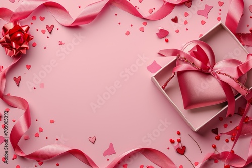 Happy valentine's day text template design. Top view photo of valentine's day decorations heart shaped giftbox with red ribbon bow on isolated pastel pink background with copyspace