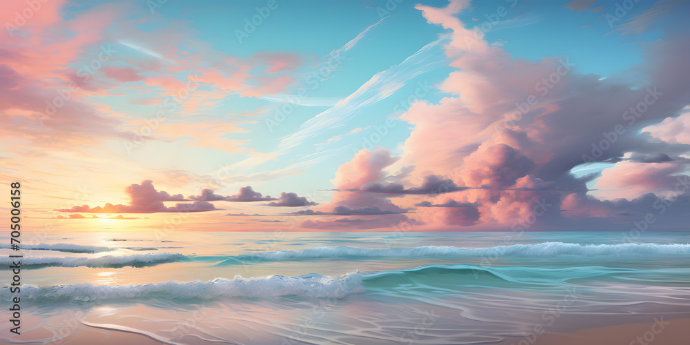 Widescreen pastel colored beach scene with teal water and pink clouds