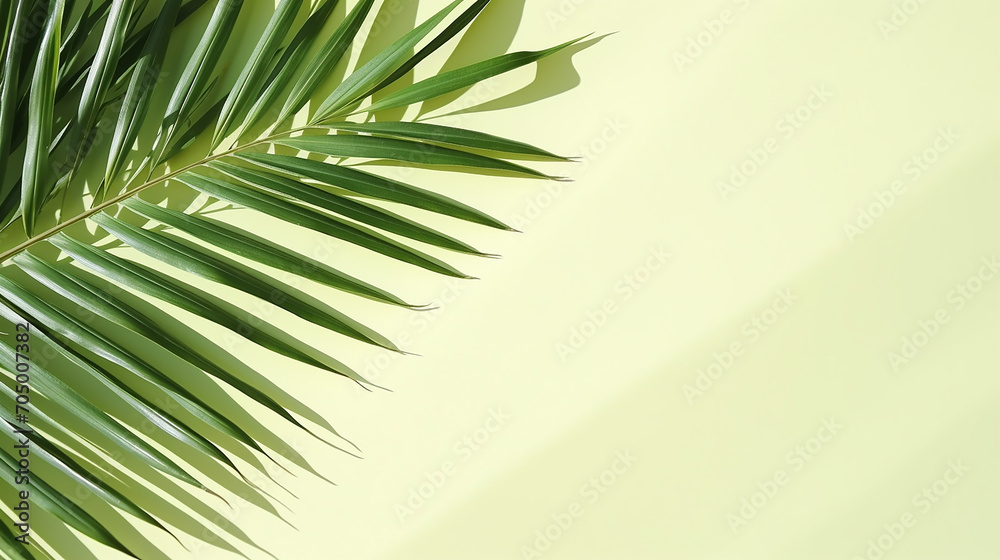 summer natural color green palm leaves with sun shadows on light yellow paper with copy space