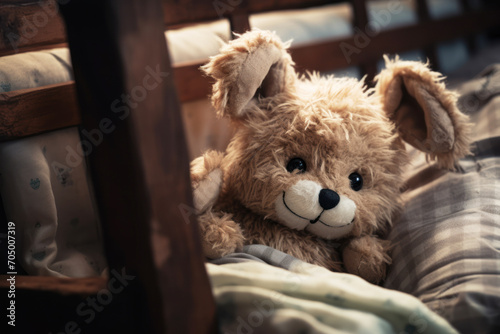Cute teddy bear lying on bed in the morning, soft focus