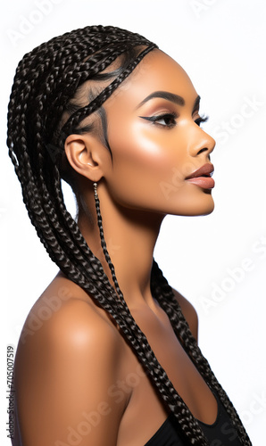 Beautiful young African American woman with braided hair in elegant portrait