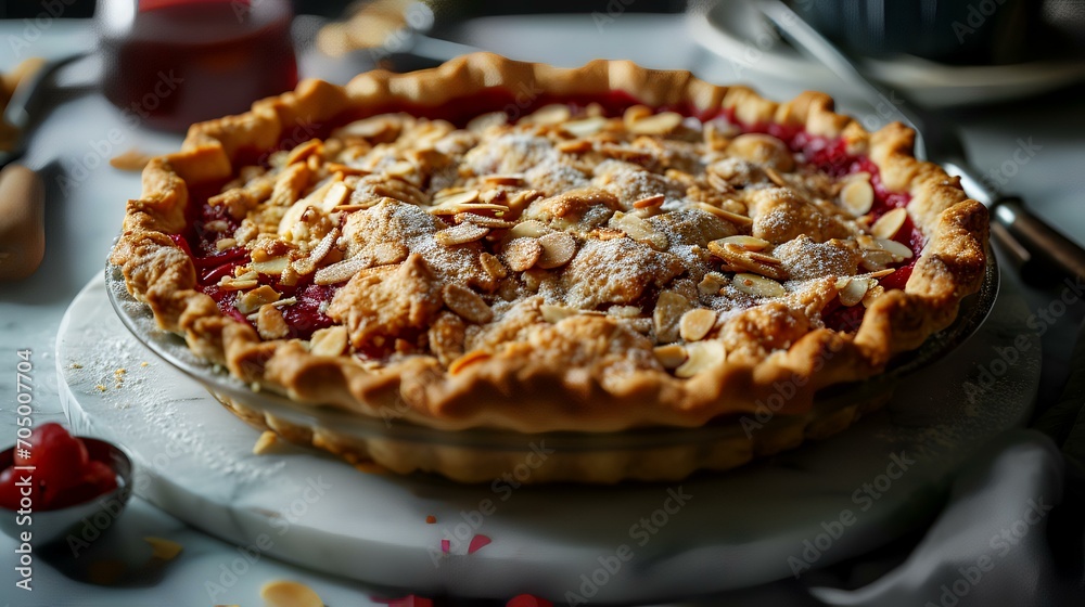 Raspberry pie with almonds on the table. Rustic style.