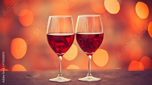 Artistic Geometric Wine Glasses on Abstract Valentines Day Red Background with Bokeh and Copy Space. Banner