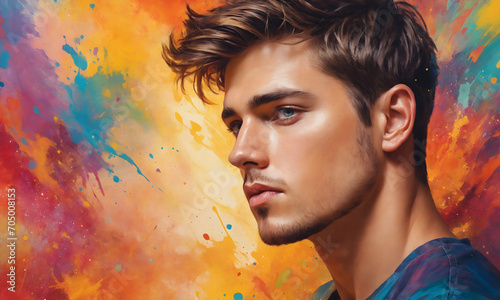 an abstract painting illustration portrait of a handsome young male person. colorful splashes.