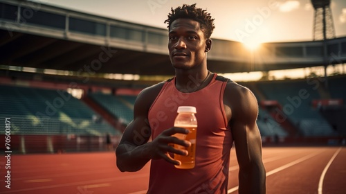 male black sprinter / runner athlete on a track holding cold isotonic sports water drink, 16:9