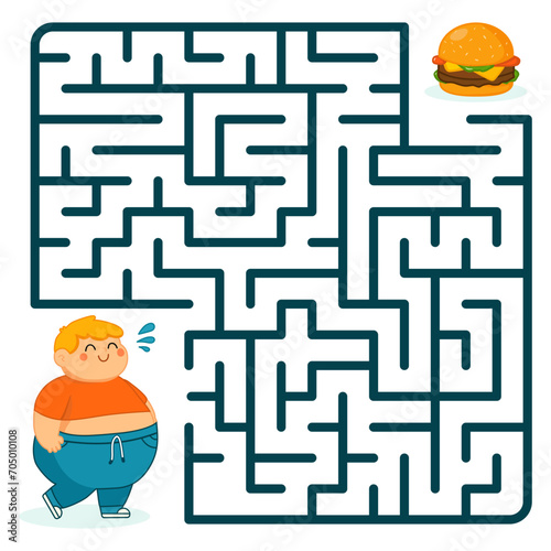 Vector Maze game for kids. A cartoon fat boy is trying to get to a sandwich through a maze. Funny puzzle game for kids.