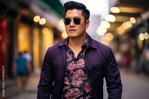 Portrait of a handsome young asian man wearing sunglasses and standing in the street.