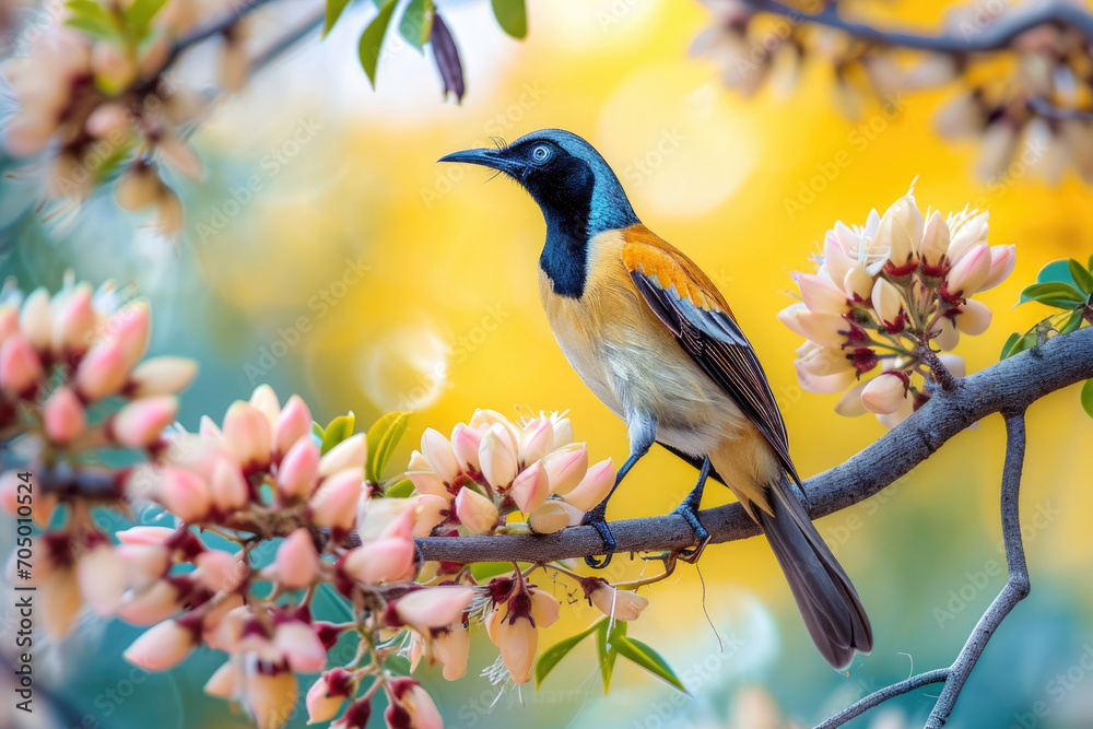 The elegance of a bird perched on a blossoming acacia branch