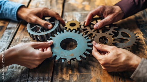 close up beautiful hands of three people put to joining gears each other to be together on wood working table in office