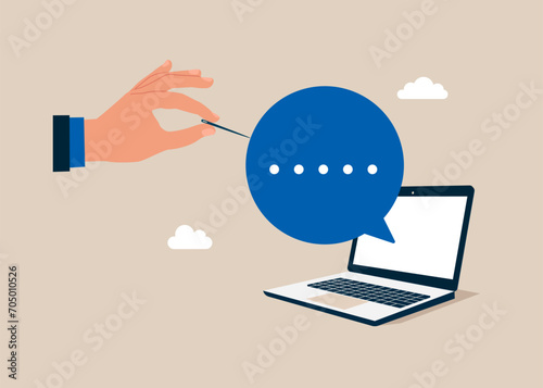 Nothing to listen to or talks a about nothing.  Hand with regular sharp sewing needle popping speech bubble. Flat vector illustration
