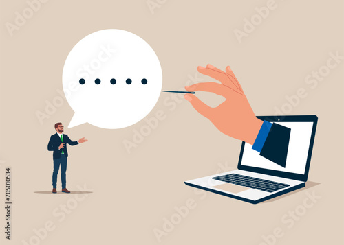 Businessman talks a lot about nothing. Popping speech bubble. Business communication breakdown.  Flat vector illustration