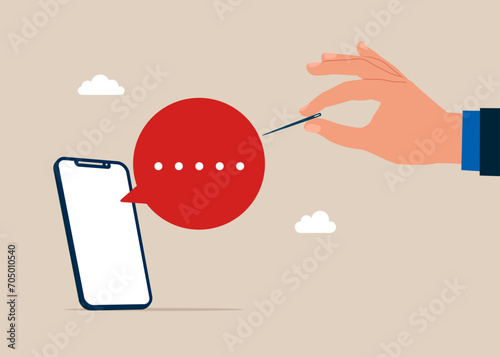Talks a lot about nothing. Symbol of misunderstanding, negotiation problems, miscommunication. Regular sharp sewing needle popping speech bubble. Flat vector illustration