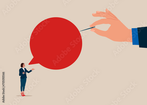 The woman talks a lot about nothing. Hand with pin popping speech bubble. Flat vector illustration photo