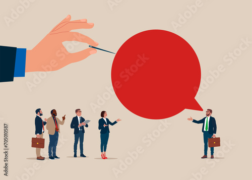 The business team talks a lot about nothing. Popping speech bubble. Business communication breakdown. Big hand with pin popping speech bubble. Flat vector illustration