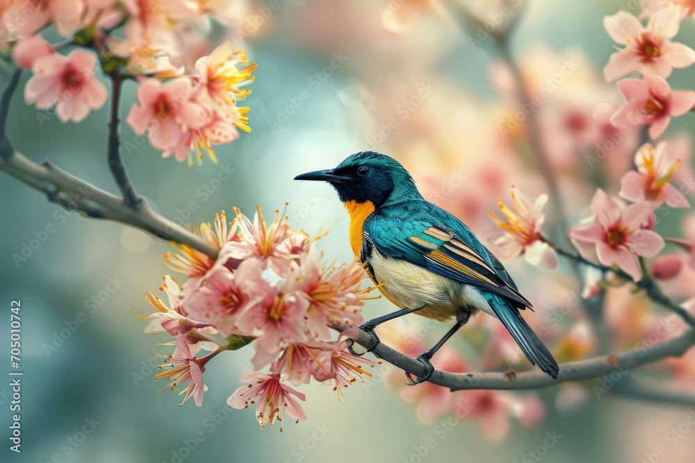 A bird on a flowering acacia branch, as if composing a melody with the blossoms A bird on a flowering acacia branch, as if composing a melody with the blossoms