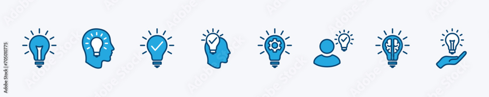 Idea lamp bulb icon set. Creative, solution, Innovation, thinking, and strategy icons. Idea symbol collection. Vector illustration