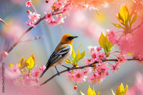 A bird on a flowering acacia branch, as if composing a melody with the blossoms © Artemiy