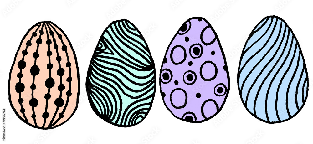 Set collection of hand drawn lined easter eggs with multicolored different dots, waves, lines.Easter party isolated elements.Isolated Set collection of hand drawn lined easter eggs with multicolored different dots, waves, lines.Easter party isolated elements.Isolated