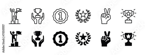 Successful business victory icon set. Success thin line icons. Winning successful business development. Business success champion icons symbol. Vector illustration