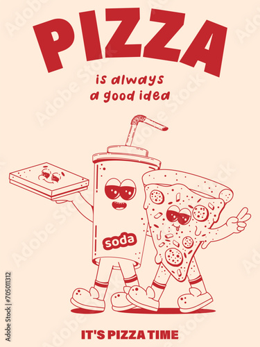 Poster with trendy retro cartoon fast food characters in linear style without shading. Modern cartoon style. Mascots for bar, restaurant menu. Vector illustration.
