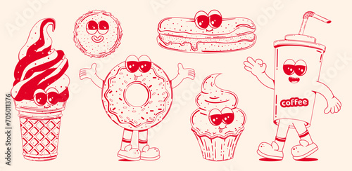 Set of Posters with trendy retro cartoon characters of sweet fast food in linear style without shading. Modern cartoon style. Mascots for bar, restaurant menu. Vector illustration.