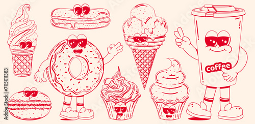Set of Posters with trendy retro cartoon characters of sweet fast food in linear style without shading. Modern cartoon style. Mascots for bar, restaurant menu. Vector illustration.