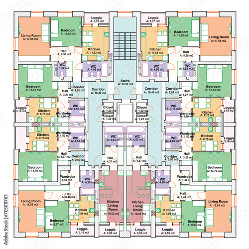 Vector architectural project of a multistory building floor plan