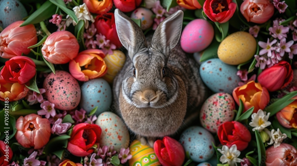 A captivating arrangement of tulips in dazzling, uncommon colors and types, encircled by a variety of charming Easter eggs, with an adorable, fluffy bunny sitting amidst the vibrant floral display